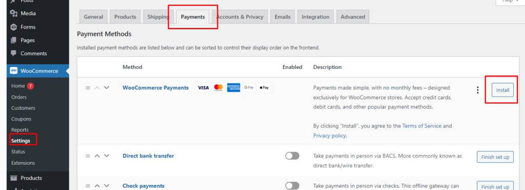 how to add payment gateway to woocommerce, find the WooCommerce Payments extension or plugin in the WooCommerce Settings Payments tab